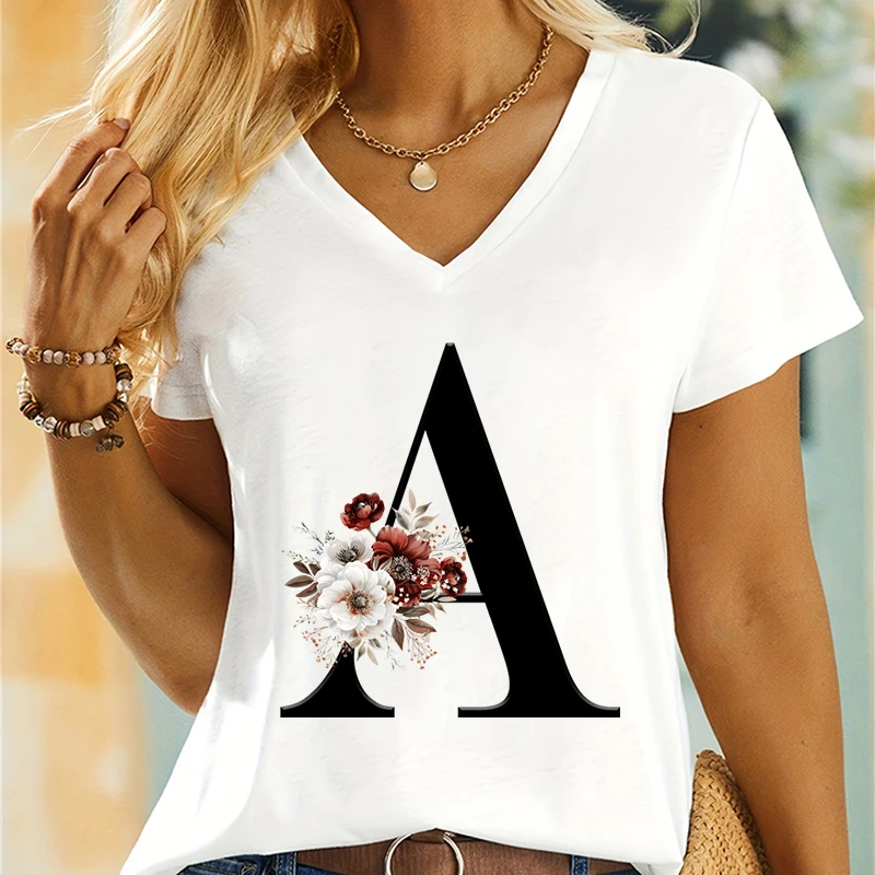 A-Z 26 English Alphabet Printed T-shirt Women Gift for Flower Lover Woman 26 Alphabet Floral Vintage Design Short Sleeve T-shirt