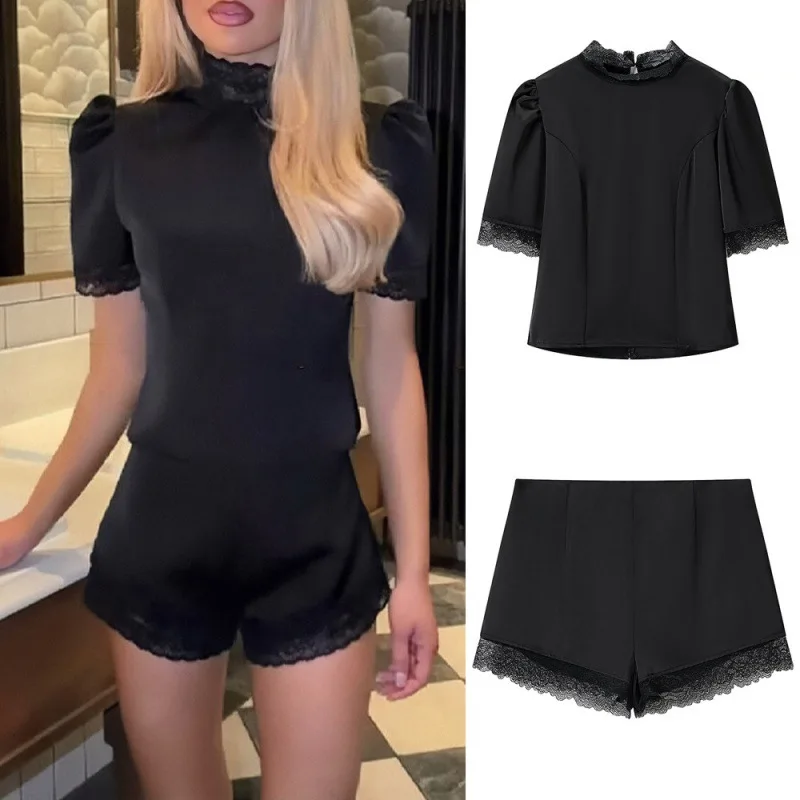Withered Women's 2026 Summer European And American Style Fashion Casual Silk Texture Lace Splicing Set
