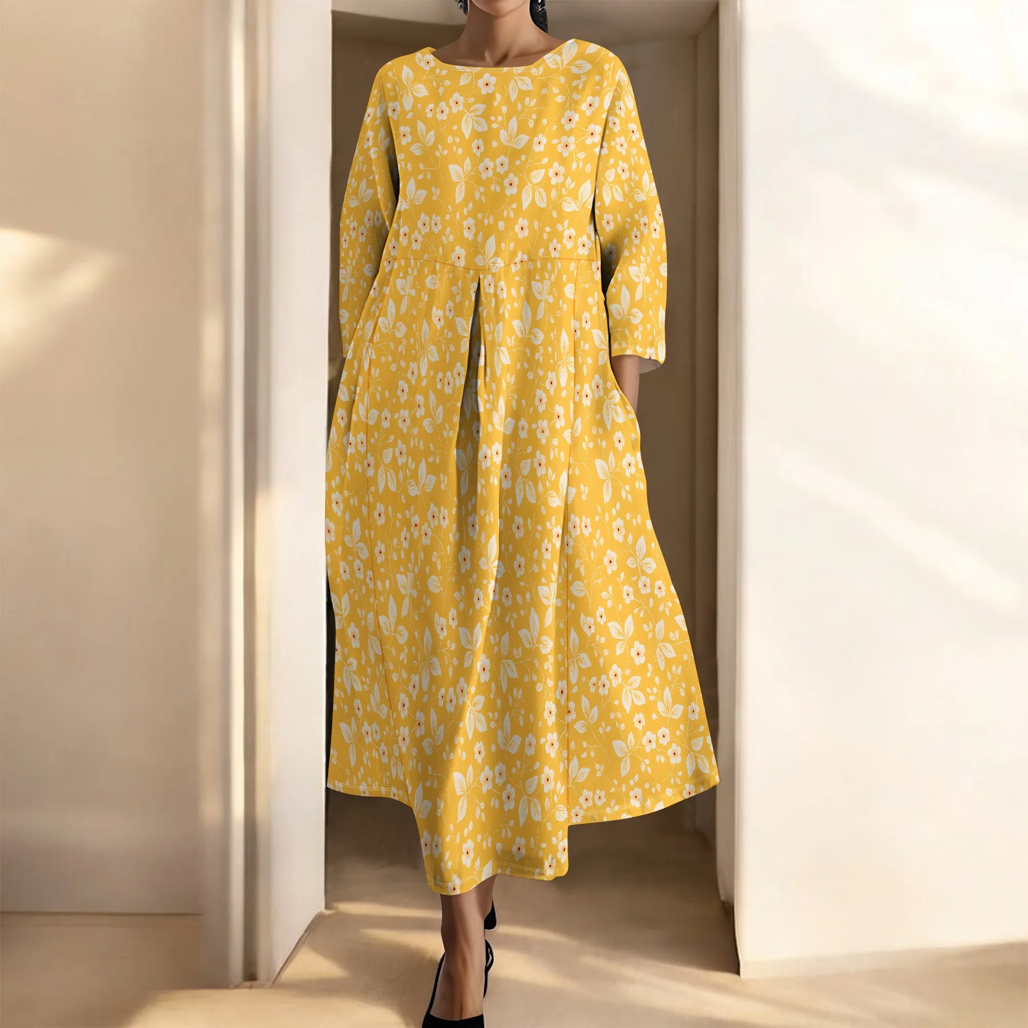 Women's Long Sleeve Elegant Solid Color Autumn Maxi Dresses Casual Loose Plus Size Beach Dress for Women with Pockets