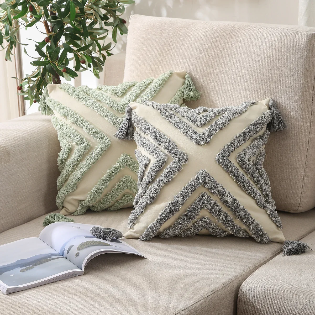 Grey Embroidery PillowCover Home Decoration Yellow Cushion Cover with Tassels 45x45/30x50cm Sofa Pilow Case Home Decorative