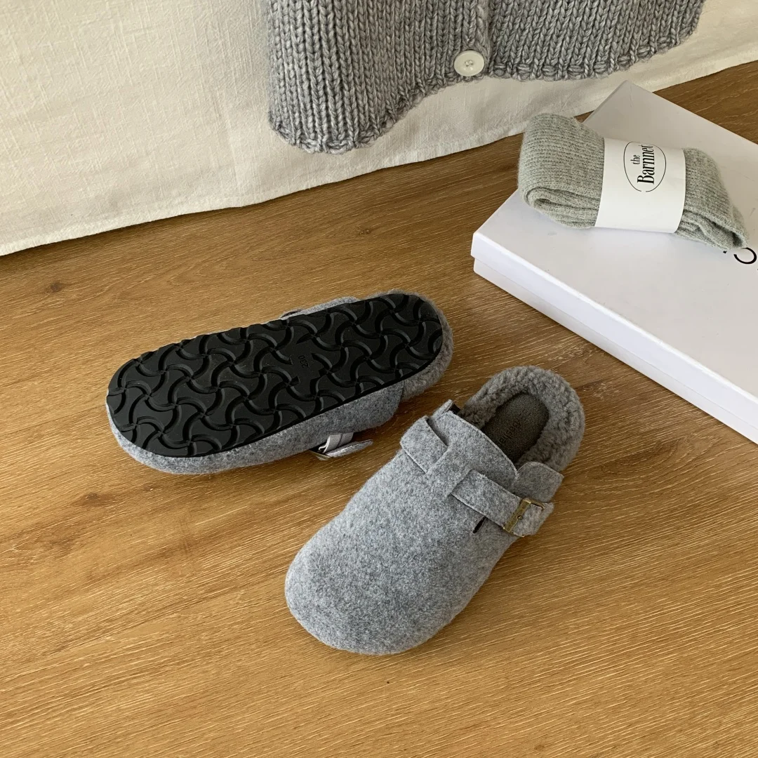 

flat platform mules Woman Shoes autumn winter fur slipper vintage buckle round toe slides casual slip on loafers gray brown