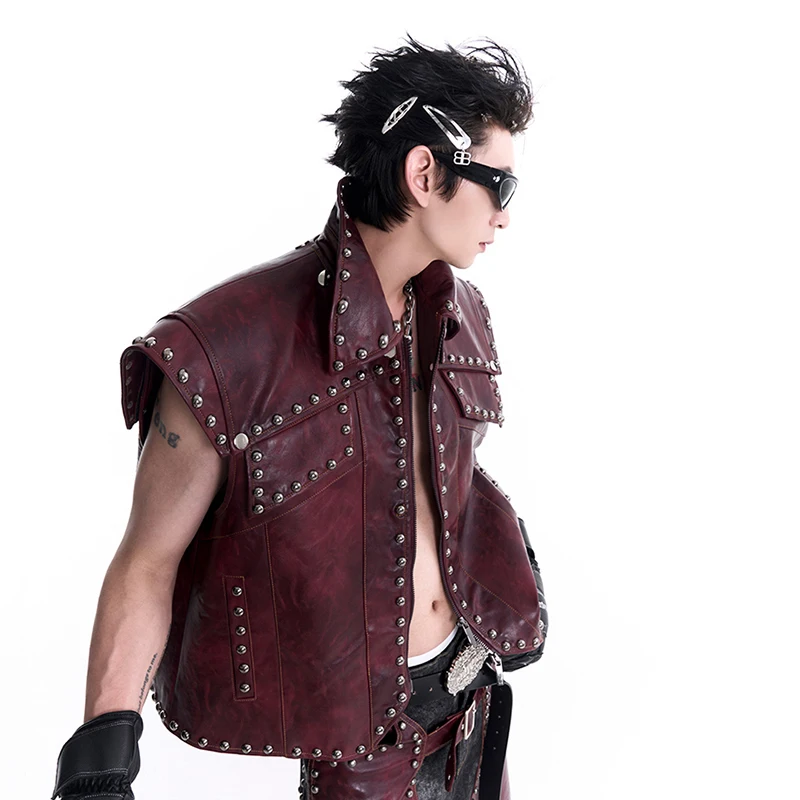 FEWQ Niche Design Rivet PU Leather Jacket Vest Men\'s Punk Turn-down Collar Sleeveless Solid Color Male Tops Fashion 24E2161