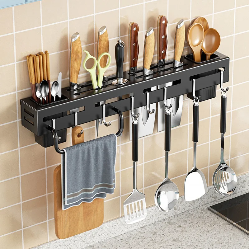 Wall Mount Kitchen Knife Holder Multifunctional Utensil Storage Rack with Chopstick Spoon Basket Hooks for Kitchen Organizer