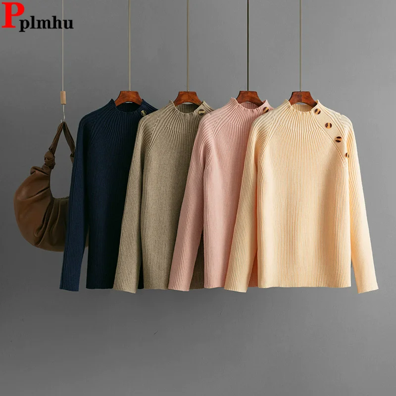 

Вязаный свитер с пуговицами, топы, корейская мода, трикотажные изделия с длинными рукавами, пуловеры, осень-зима, женские повседневные однотонные Sueter Blusas