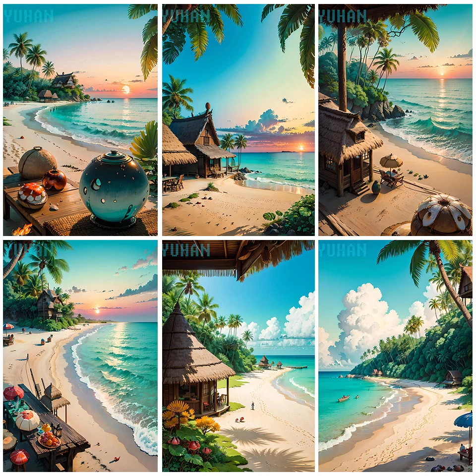 

5D Beach Sea View Diamond Painting Landscape Cabin Full Drill DIY Diamond Embroidery Set Cross Stitch Mosaic Picture Home Decor