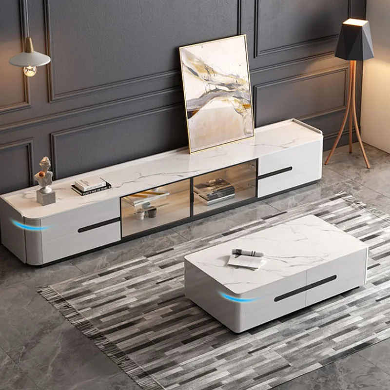 

Modern Tempered Glass TV Stands Cabinet And Coffee Table Set Practical Storage Wood Television Cabinet