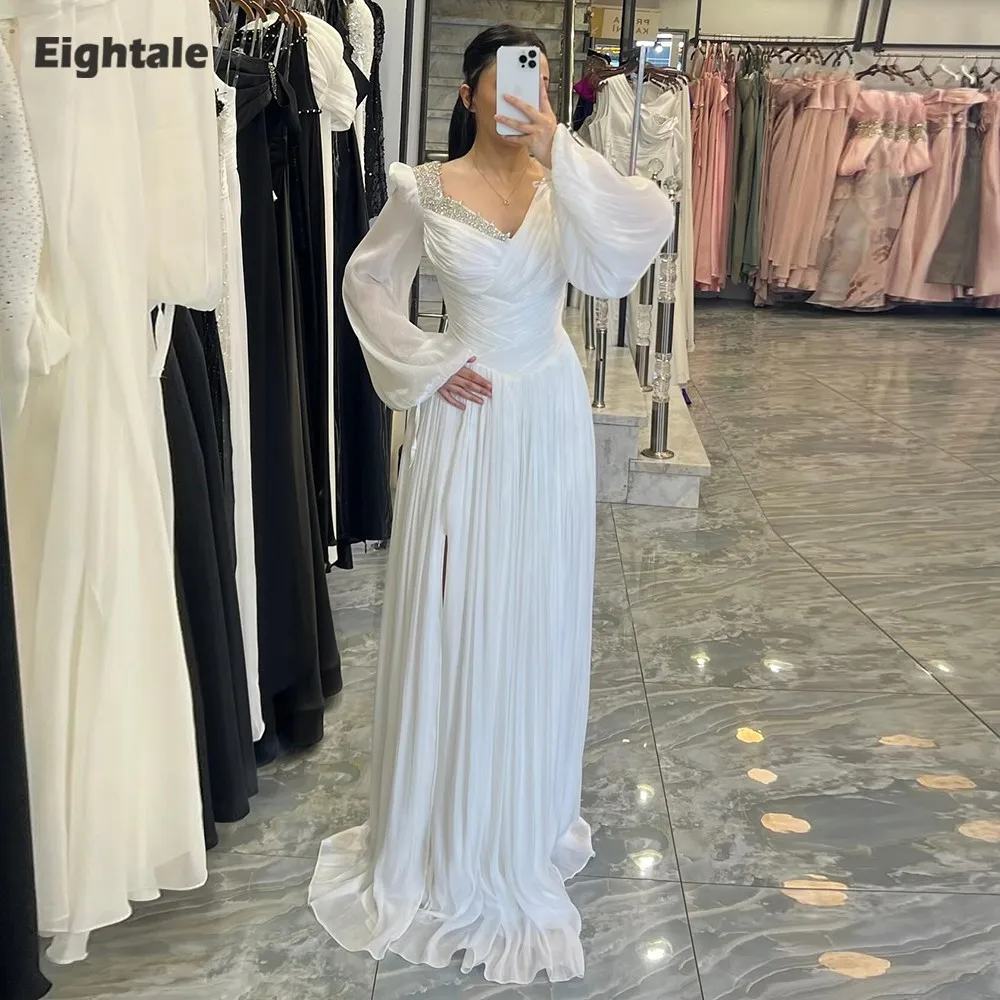 

Eightale Arabic Evening Dress Beaded Pleats Crepe Customized Long Sleeeves A-Line Muslim Prom Wedding Party Gown