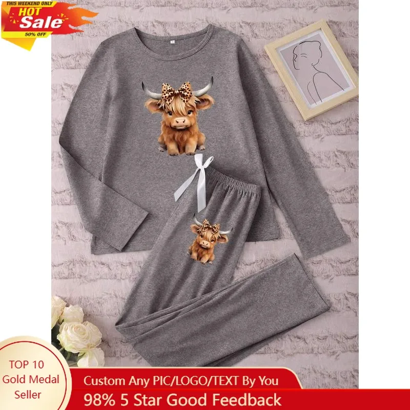 

Women's Long Sleeve Pajama Set, Cartoon Highland Cow Print, Casual Fitted Sleepwear, Spring & Fall Nightgown, Moderate Fabric