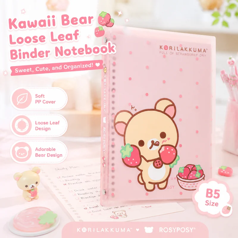 Rosyposy Rilakkuma B5 Soft Cover Loose Leaf Notebook Strawberry Pattern Cartoon Writing Journal For Office School Stationery