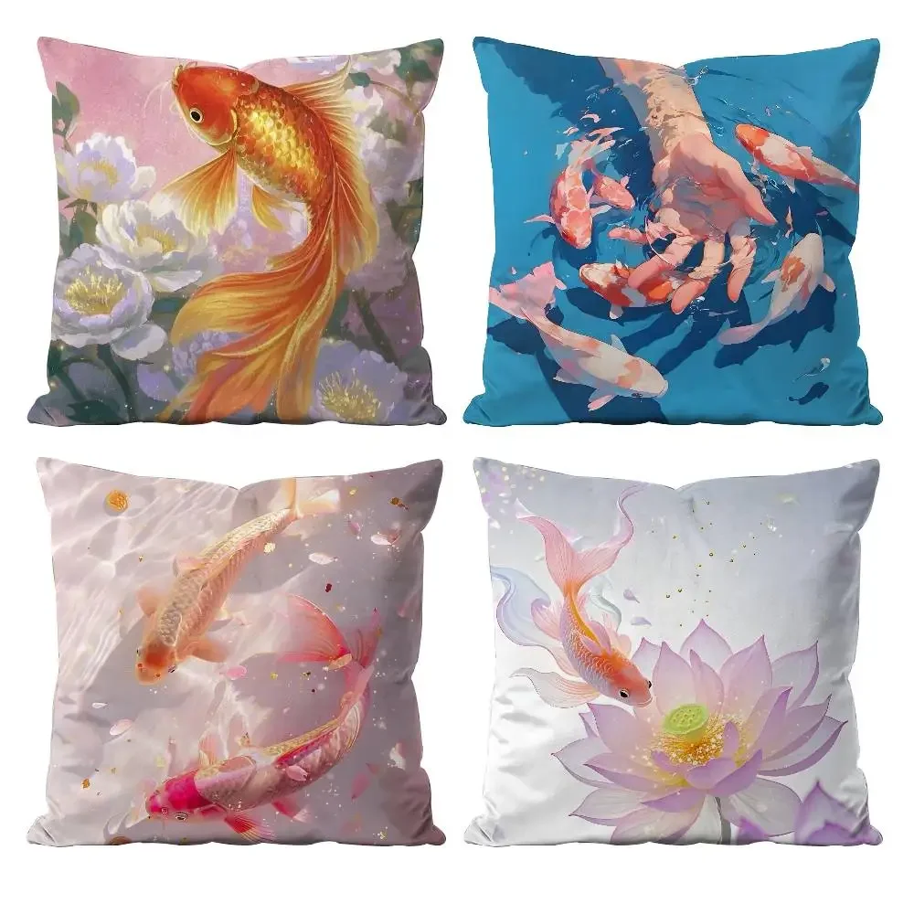 

Auspicis Koi Carp Lotu Flowers Anime Pillow Case Anti-dustmite Pillowcase Invisible Zipper Silky Short Plush Sofa Cushion Cover