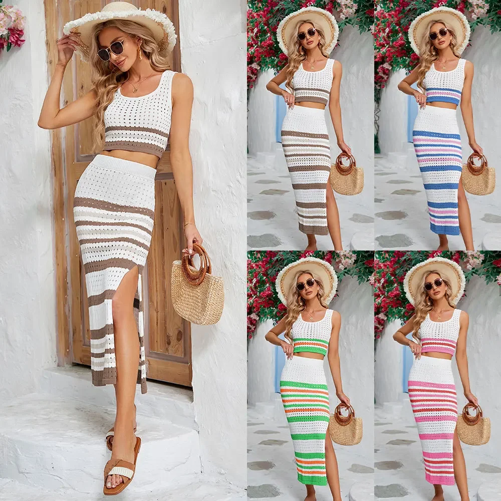 

2023 Women Summer Y2k Ladies Split Skirt Sleeveless Waistcoat Two Piece Set Female Hollow Elegangt Lady Office Matching Sets