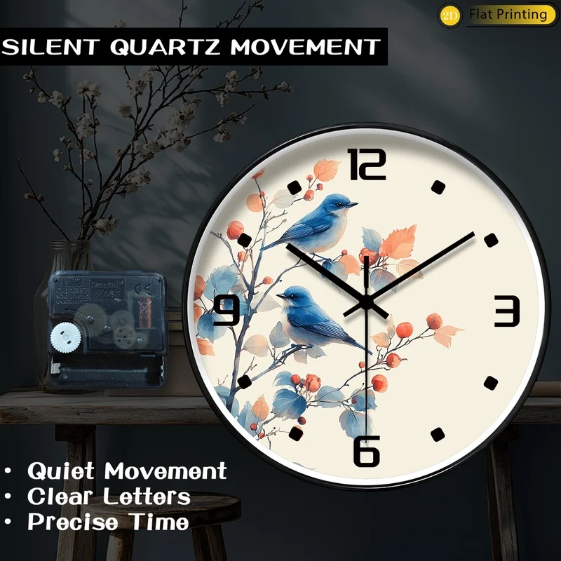 قطعة واحدة من الطيور الحديثة على فروع التوت ساعة حائط صامتة اختيار رائع لهدايا عيد الميلاد للعام الجديد