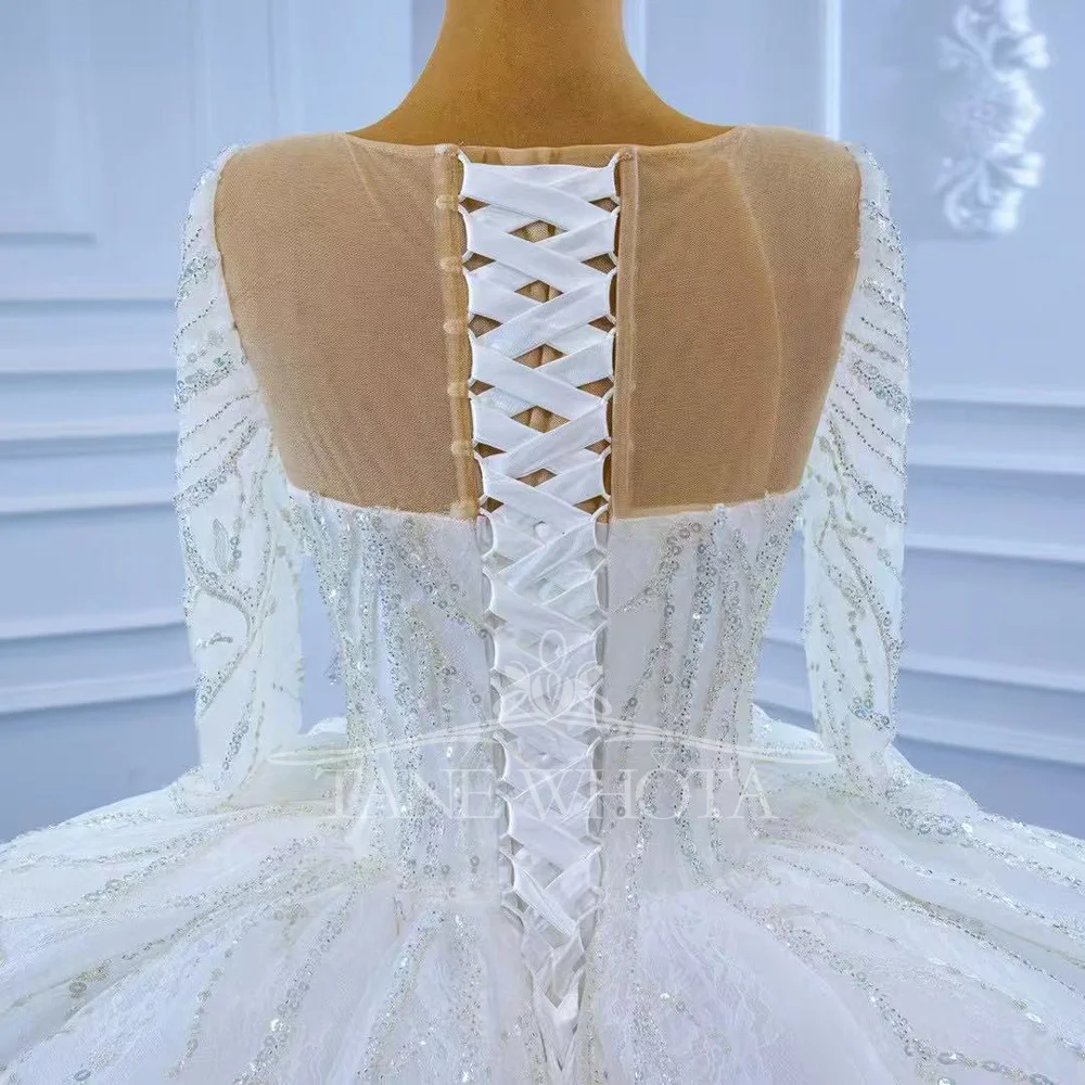Robe De Mariage Luxury Sexy O-Neck Long Sleeve Bridal Dress Lace-Up Back Sequined Customizable Wedding Dress