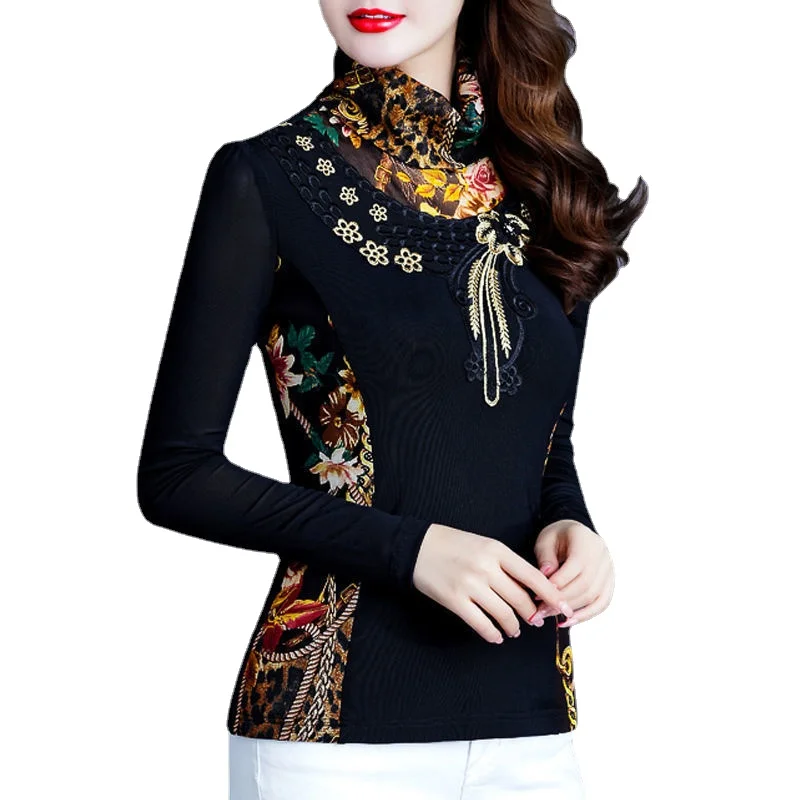 

High-neck velvet bottoming shirt women's spring autumn and winter slim fashion large size embroidered coat high-end