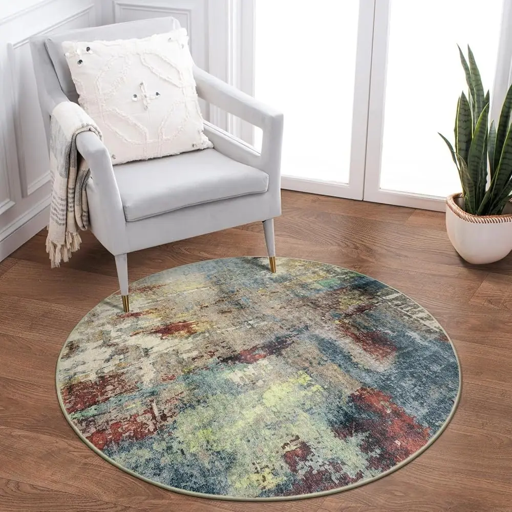 

Modern Abstract Round Rug - 3Ft Small Red Washable Kitchen Round Area Rug Bedroom Circle Mat, Soft Low Pile Non Slip Indoor
