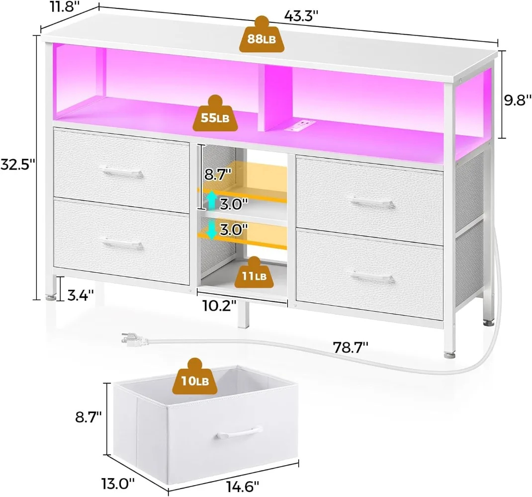 Supporto TV con prese di corrente e luce LED, centro di intrattenimento con 4 cassetti in tessuto per TV da 32/45/55 pollici