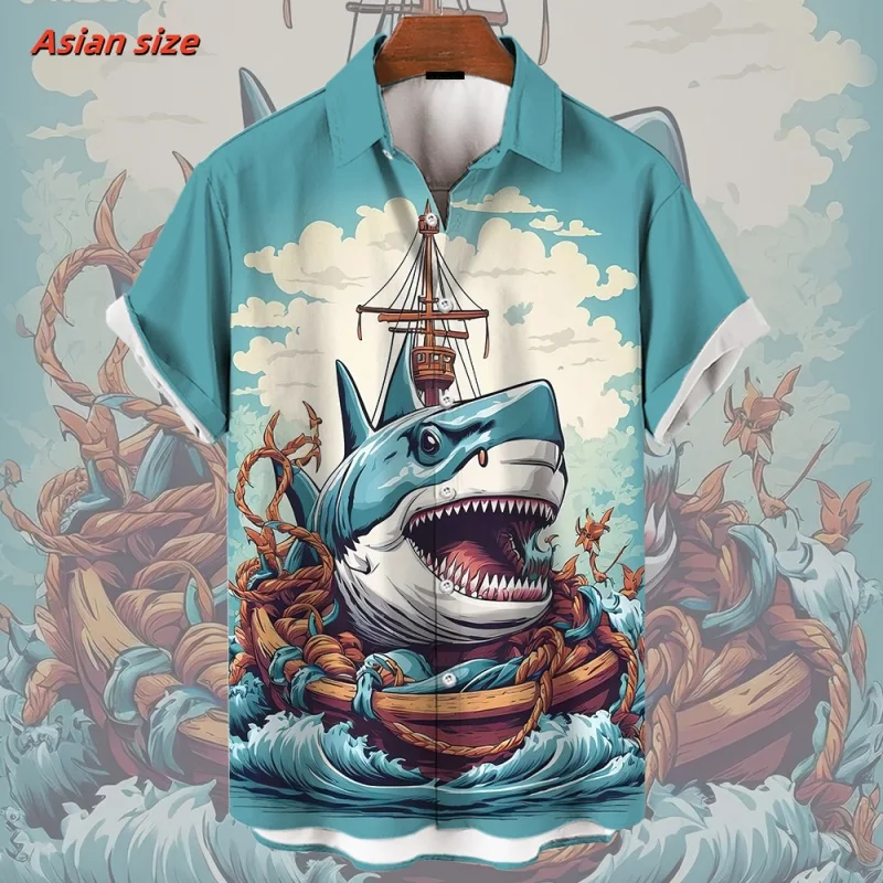 Cool Shark Tentacles Pattern Hawaiian Shirt For Men Marine Life 3D Print Blouse Short Sleeve Street Loose Lapel Tops Aloha Shirt