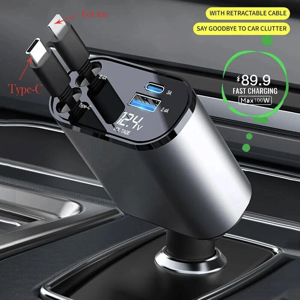

Выдвижное автомобильное зарядное устройство 4 в 1, кабель USB типа C, автомобильная розетка 12 В для iPhone, Samsung, адаптер для быстрой зарядки прикуривателя