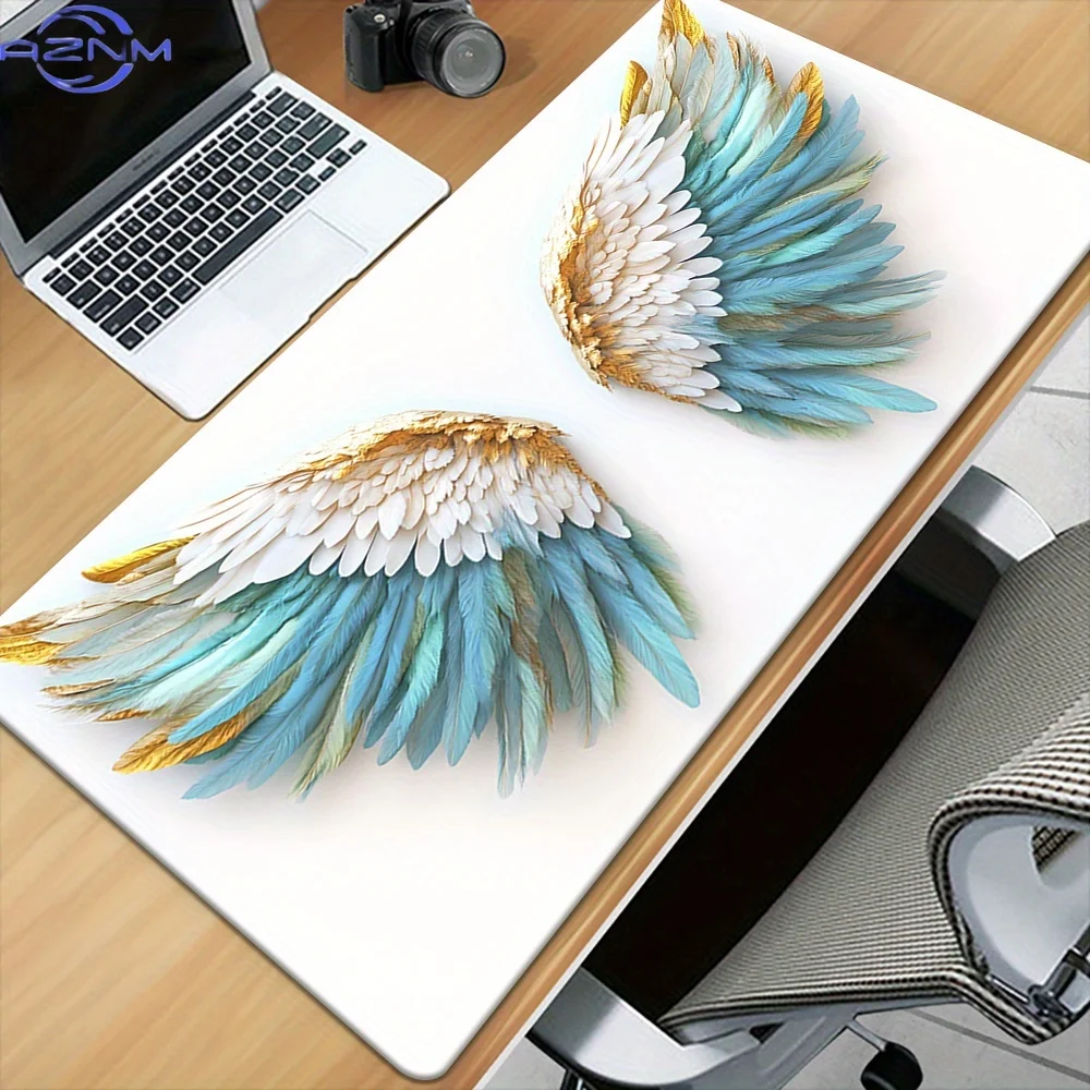 1pc Vibrant Angel Wings Mouse Pad - Rubber Anti-Slip Desk Mat with Golden & Teal Feather Design, Ideal for Gaming & Office Use,