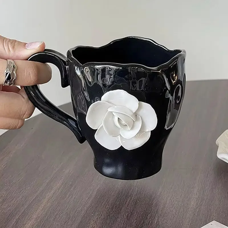 New Creative French Style Camellia Coffee Cup Handcrafted Exquisite Afternoon Tea Black Ceramic Mug Korean 3d White Rose Cup