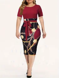 Commuter wrap-around dress, Women's Colorblock Chain Print Short Sleeve Round Neck Slight Stretch Slim Fit Mini Dress With Belt