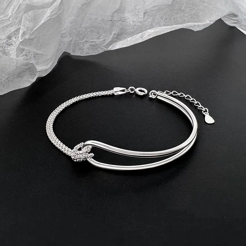 Exquisite Simple 925 Sterling Silver Asymmetrical Chain Knotted Hollowed Bracelet for Women Girls Korean Jewelry Accessory Gifts view 3