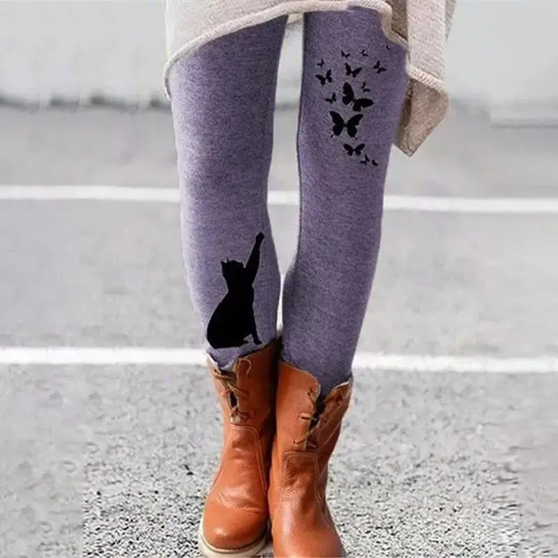 طماق المرأة القطط الأزهار المطبوعة السراويل البوليستر دنة تمتد مرونة الخصر التحكم خريف شتاء ملابس الشارع في الهواء الطلق #5