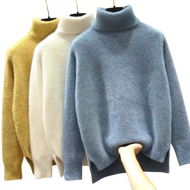 Winter Turtleneck Thicken Sweater Women Casual Warm Plush Lining Knit Tops Add Velvet Bottomed Blue Pullover 2025