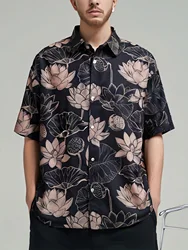 Oversized Loose Retro HK Wind Full Flower Printed Short Sleeved Shirts Casual Shirt Men and Women for Summer Summer Sale