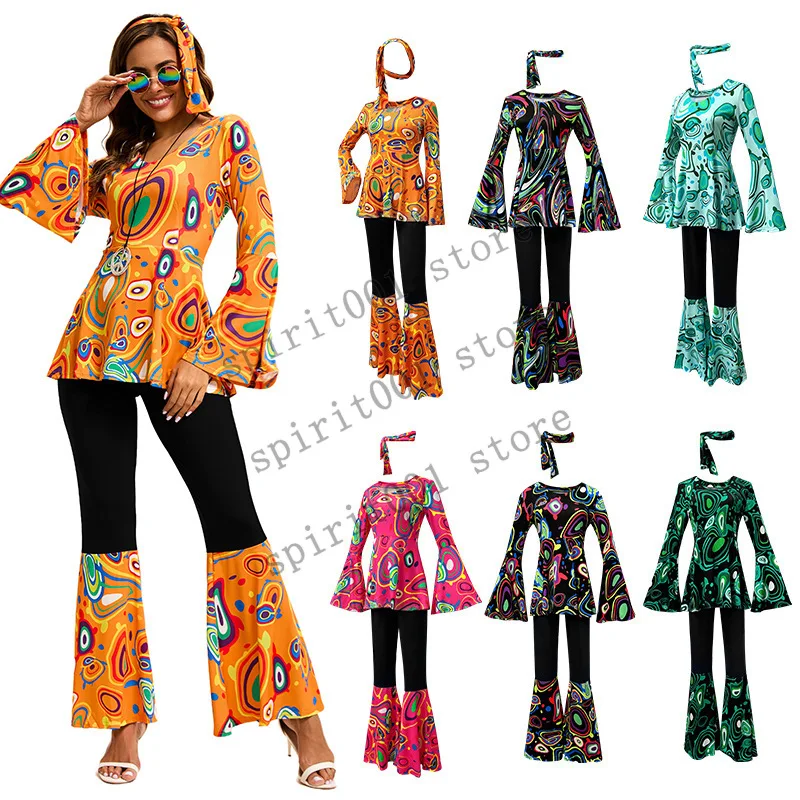 Nouveau Halloween Hippie femmes multicolore imprimé hauts pantalons épissage costume avec foulard robe Disco pour les femmes