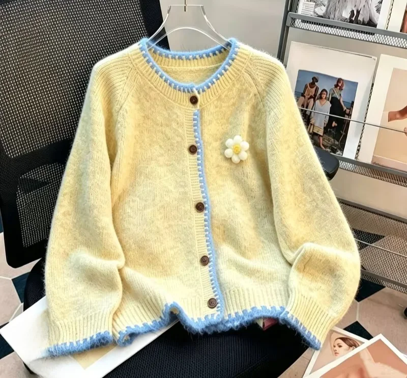 Korean Sweet Flower Knit Cardigans Women Contrast Trim Button Up Round Neck Long Sleeve Crop Sweaters Autumn Winter Chic