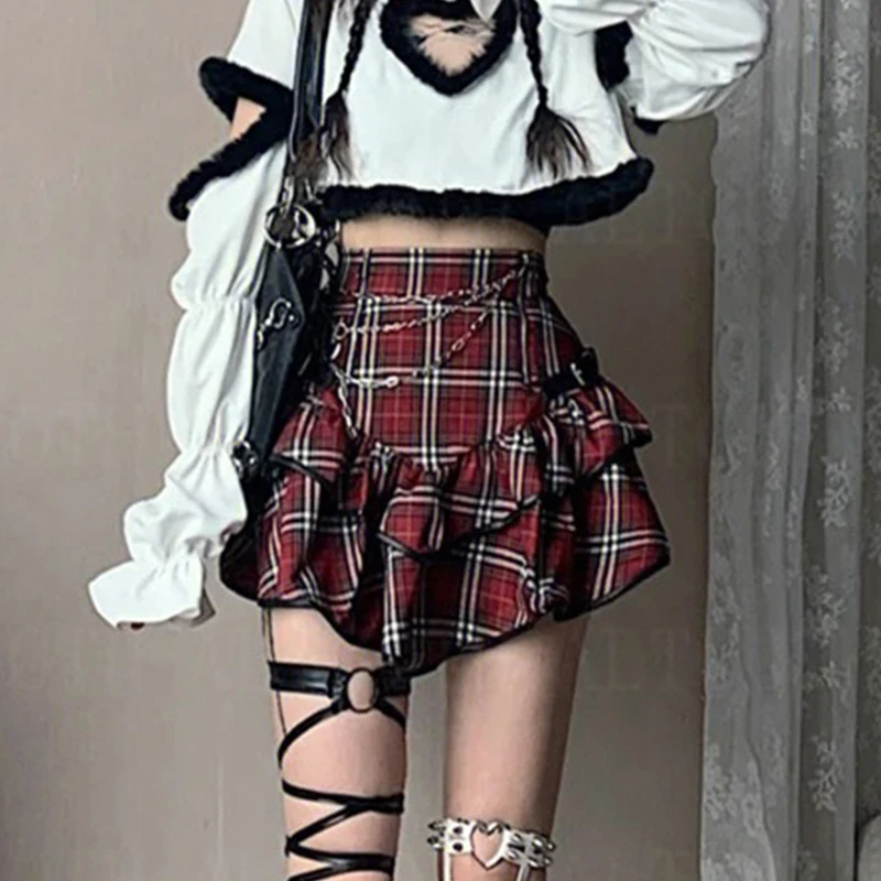 AltGoth Punk Gothic Red Plaid Skirt Women Vintage Y2k E-girl Emo Alt High Waist Cake Skirt Harajuku Fairycore Grunge Clubwear image 4
