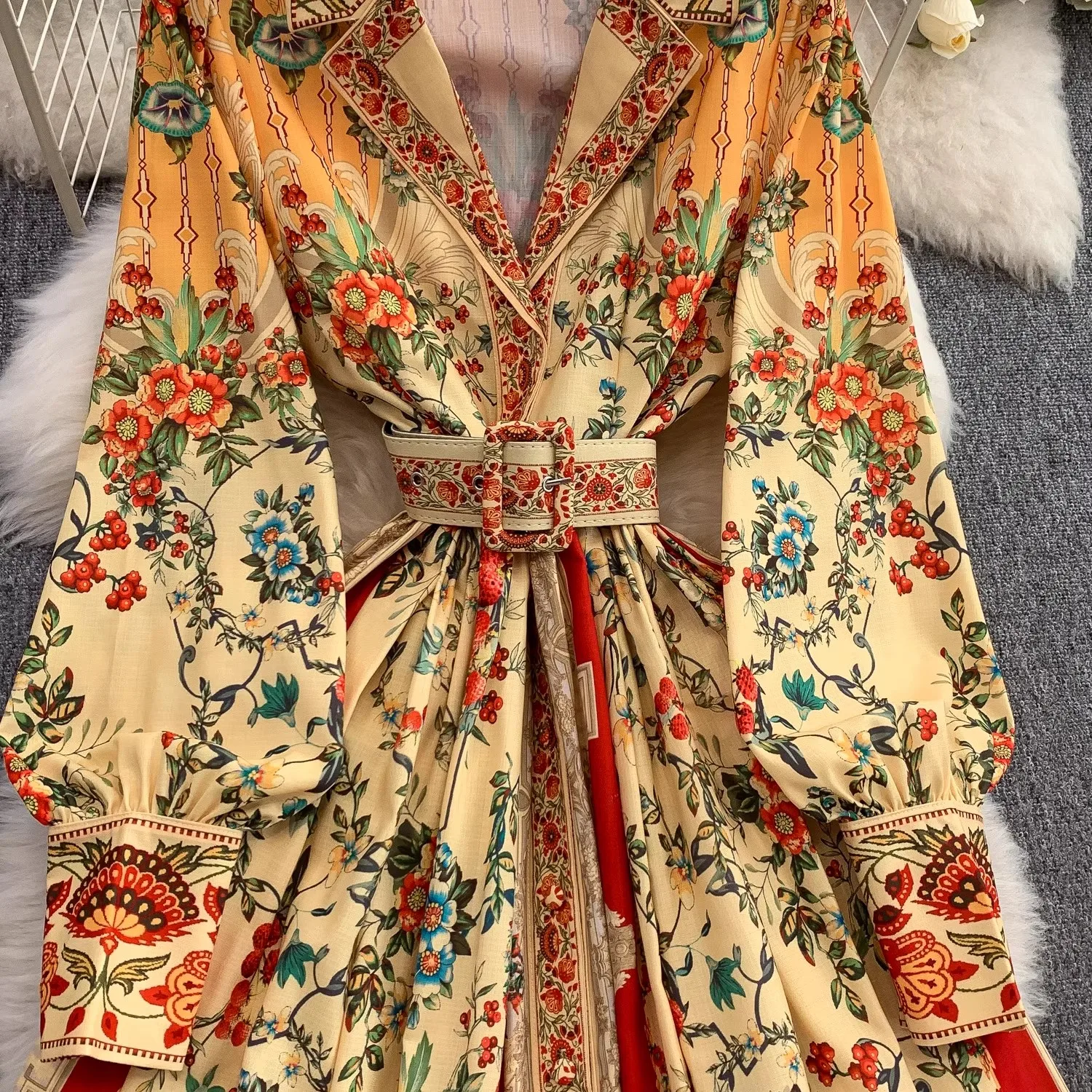 2025 Autumn Gorgeous Flower Holiday Boho Dress Women's V-Neck Long Sleeve Floral Print High Waist Belt Pleated Maxi Vestido