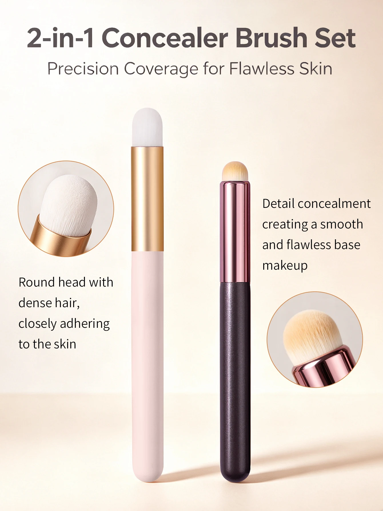 2Pcs Professional Concealer Brush Set, Portable Round‑Head Makeup Brushes, Beauty Tools For Foundation And Concealer
