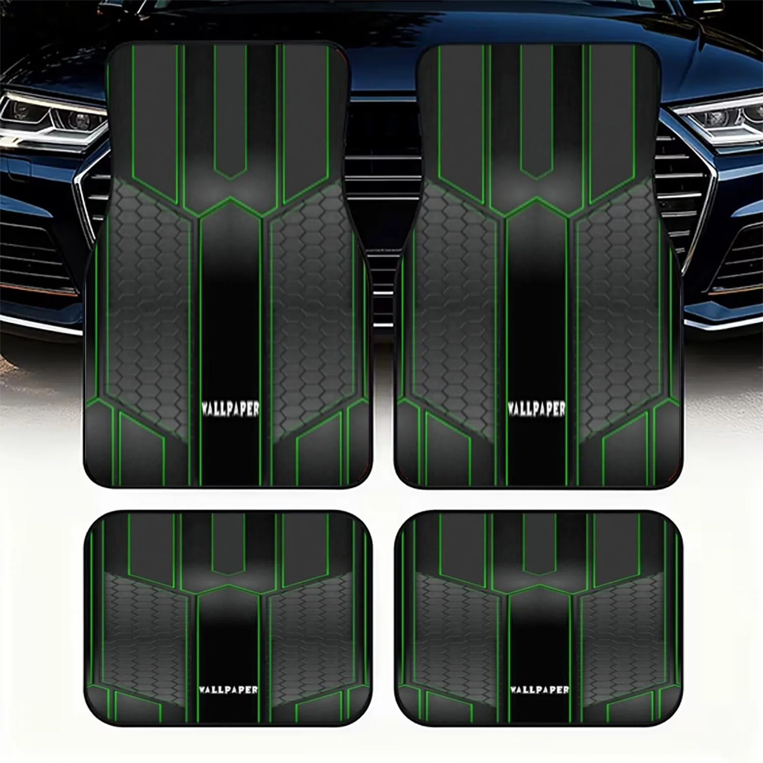 Set Of 4 Automotive Floor Mats Featuring A Design Inspired By Futuristic Technology, In Black And Green Hues, With A Hexagonal H