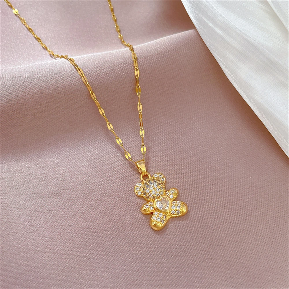 Cute CZ Crystal Teddy Bear Necklaces For Women Heart Bear Necklaces Stainless Steel Chain Animal Jewelry Gifts