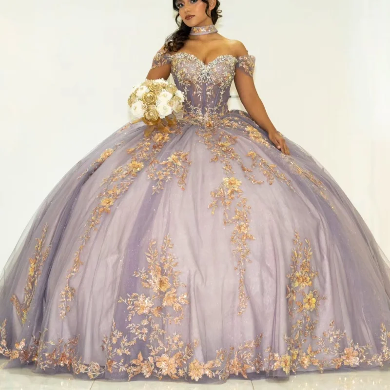 

Light Gray Quinceanera Dresses Off the Shoulder Crystal Decal Layering Long tail Bow Vestidoe 15 Quinceanera Customize