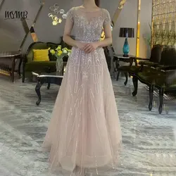 MYMB Pink A-Line Elegant Formal Party Evening Dress for Special Events Luxury Beaded Short Sleeves Dubai Gala Prom Gown DSBQ0128
