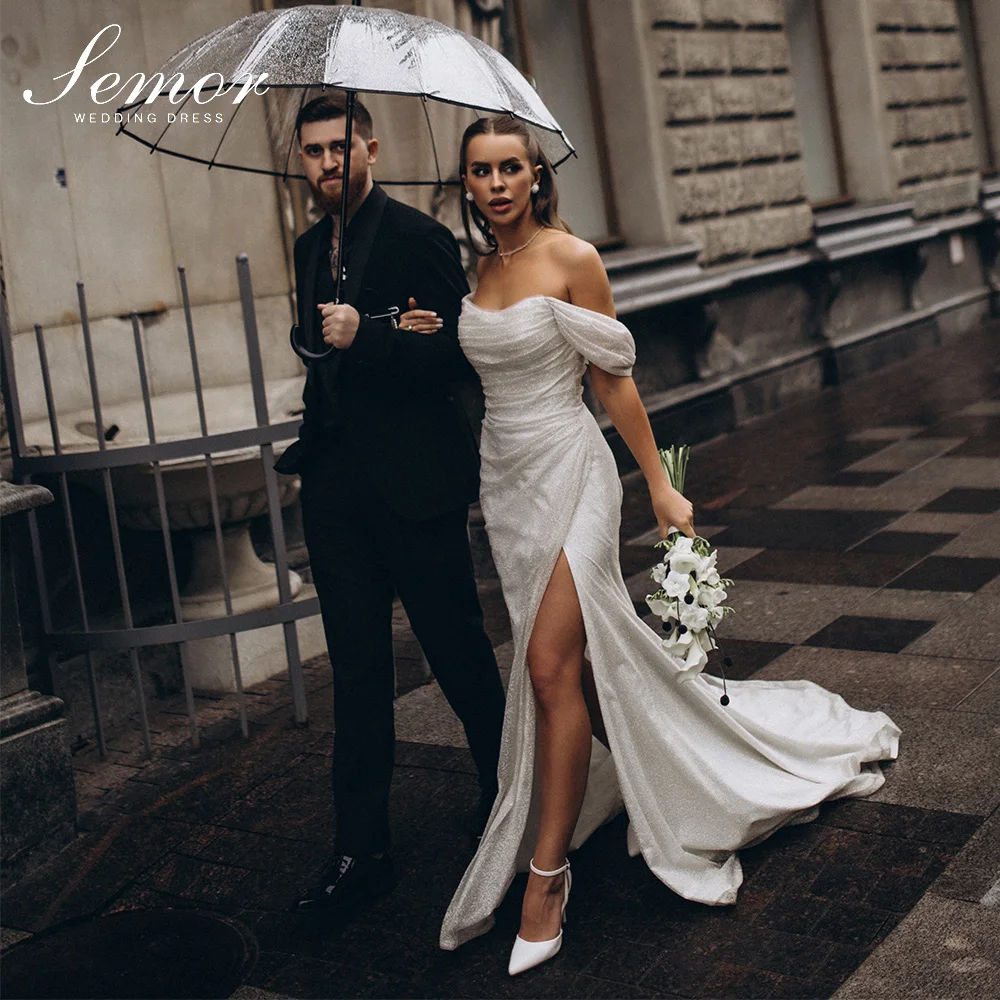 Semor Shining Sequin Mermaid Wedding Dresses Off the Shoulder Bridal Gown Sexy Side High Slit Vestidos De Novia Customized 2027