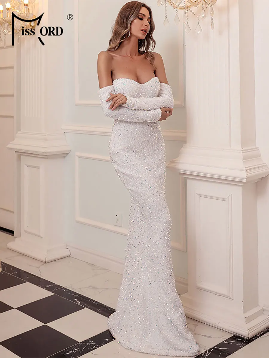 Missord White Wedding Party Dress Women Elegant Off the Shoulder Long Sleeves Sequin Bodycon Maxi Evening Prom Formal Dress Gown