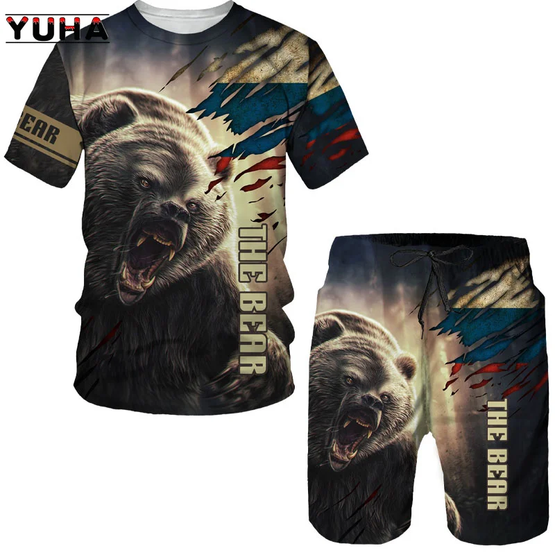 YUHA, Summer  Bear 3D Printed Men\'s T-shirt Shorts Set Men\'s Sportswear Tracksuit O Neck Short Sleeve Men\'s Clothing Suit