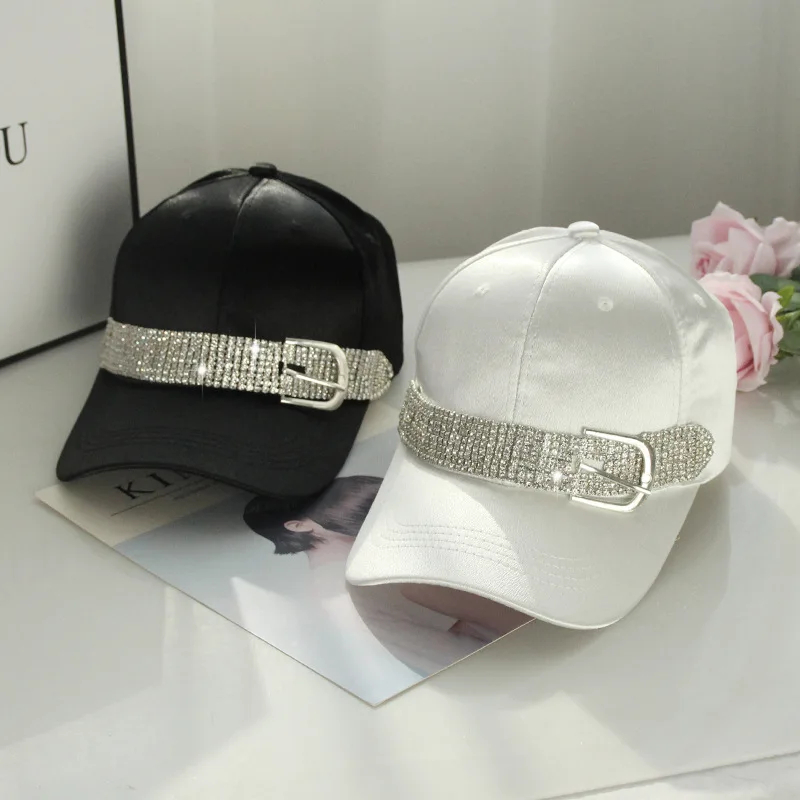

Rhinestone Buckle Decoration Satin Silk Felt baseball Hat Women Black Luxury casquette Sun Visor Summer Spring Outdoor Women Hat
