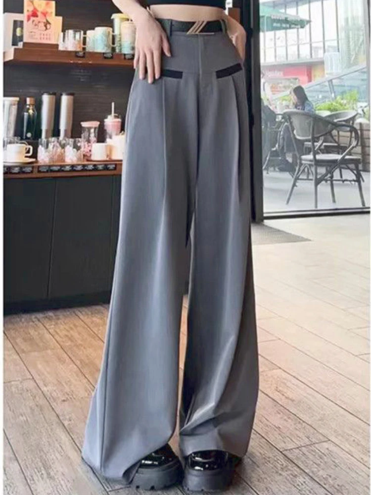 

Grey Elegant Vintage Wide Leg Pants Women Patchwork Korean Style Y2K Baggy Pants Female High Waist Casual Fashion Pants 2023 New