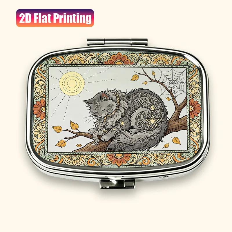 Gray-Blue Long-Haired Cat Lying on a Branch, Autumn Leaves in Warm Tones, Vintage Healing Cat Pattern, Pocket-Sized Pill Box, Earring and Jewelry Storage Box with Compartment Design, Convenient, Easy to Carry Pills on Travel Trips, Capsule Box Is Exquisite, Can Be Used as a Gift