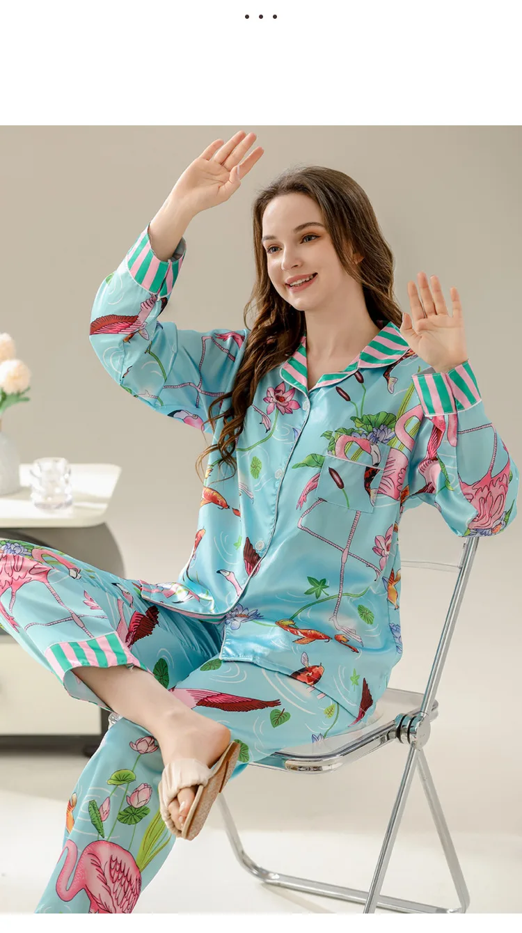 Women\'s Pajamas Sets Spring Autumn 2 Piece Flamingo Print Pyjama Faux Silk Satin Sleepwear Long Sleeve Pijama Mujer Pjs Homewear