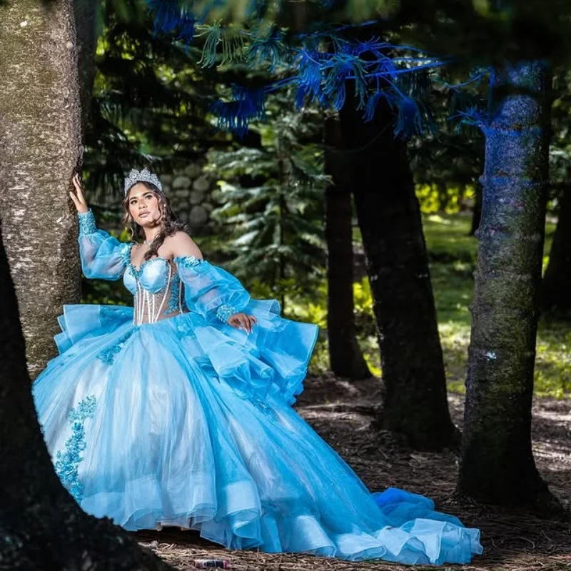 

Customized blue Quinceanera Dresses Off the Shoulder decal Long tail Tull layering 3D flower Vestido 15 Quinceanera