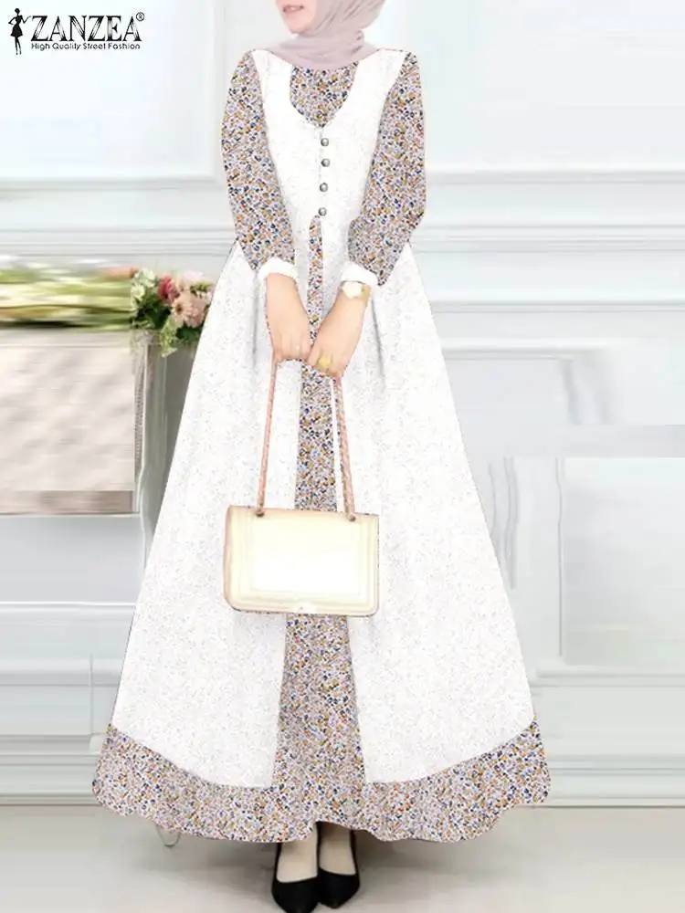 2024 ZANZEA Bohemian Vintage Long Sleeve Muslim Maxi Dress Floral Printed Sundress Women Robe Femme Holiday Ramadan Vestido