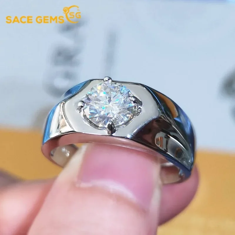 

SACEGEMS GRA Certified D Color 1ct Moissanite Ring for Men S925 Sterling Silver Wedding Diamond Band Party Luxury Fine Jewelry