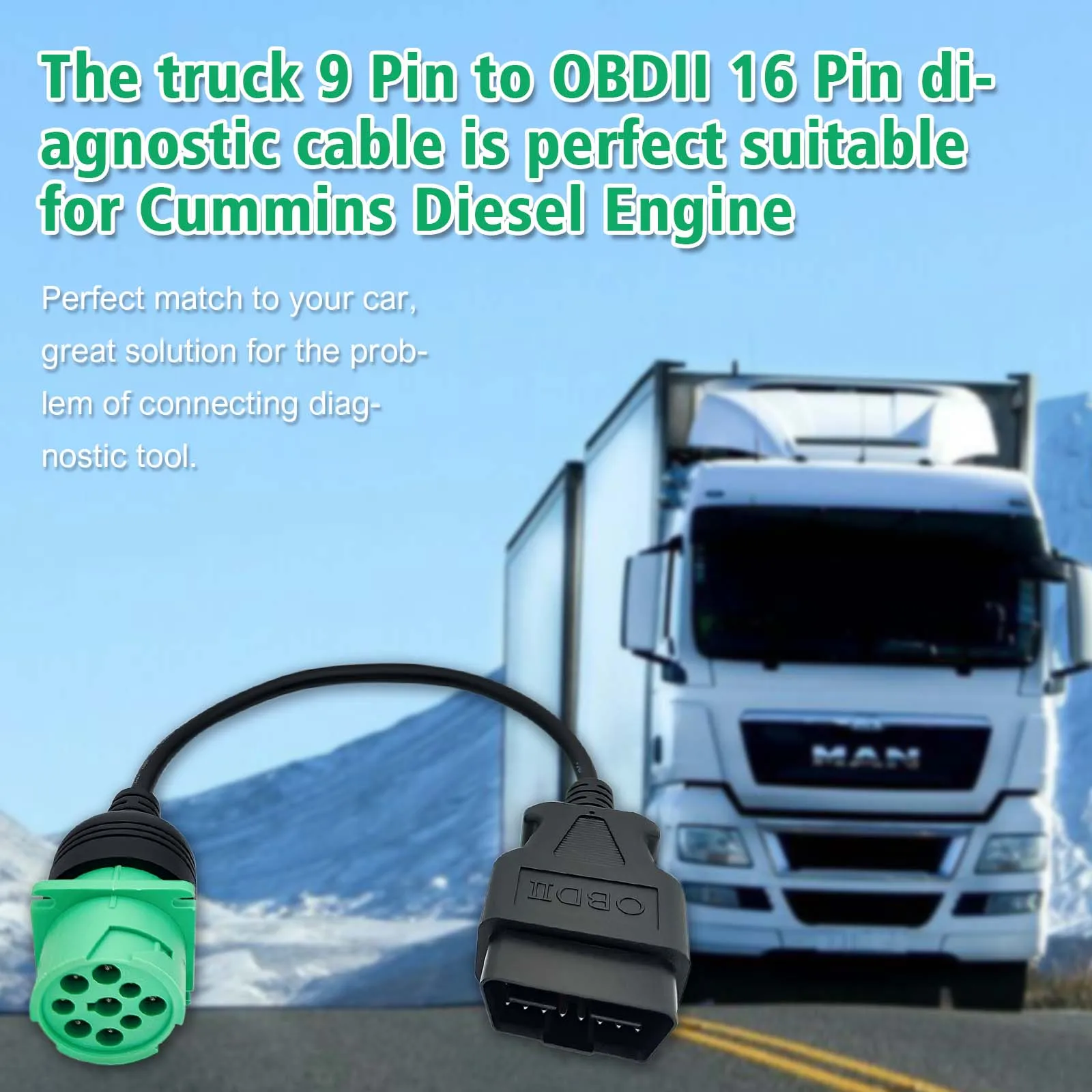 OBD2 to J1939 Green Type 2 Adapter Cable (16 Pin Male to 9 Pin Female Connector) for Heavy Duty Trucks and Commercial Vehicles