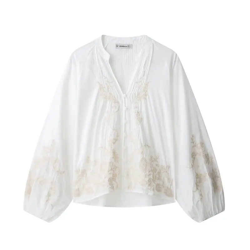 

Summer 2025 Women's Loose Long Sve Embroidered Flower irt Versatile Commute Sle Pure Color V-ne Button-up Casual irt